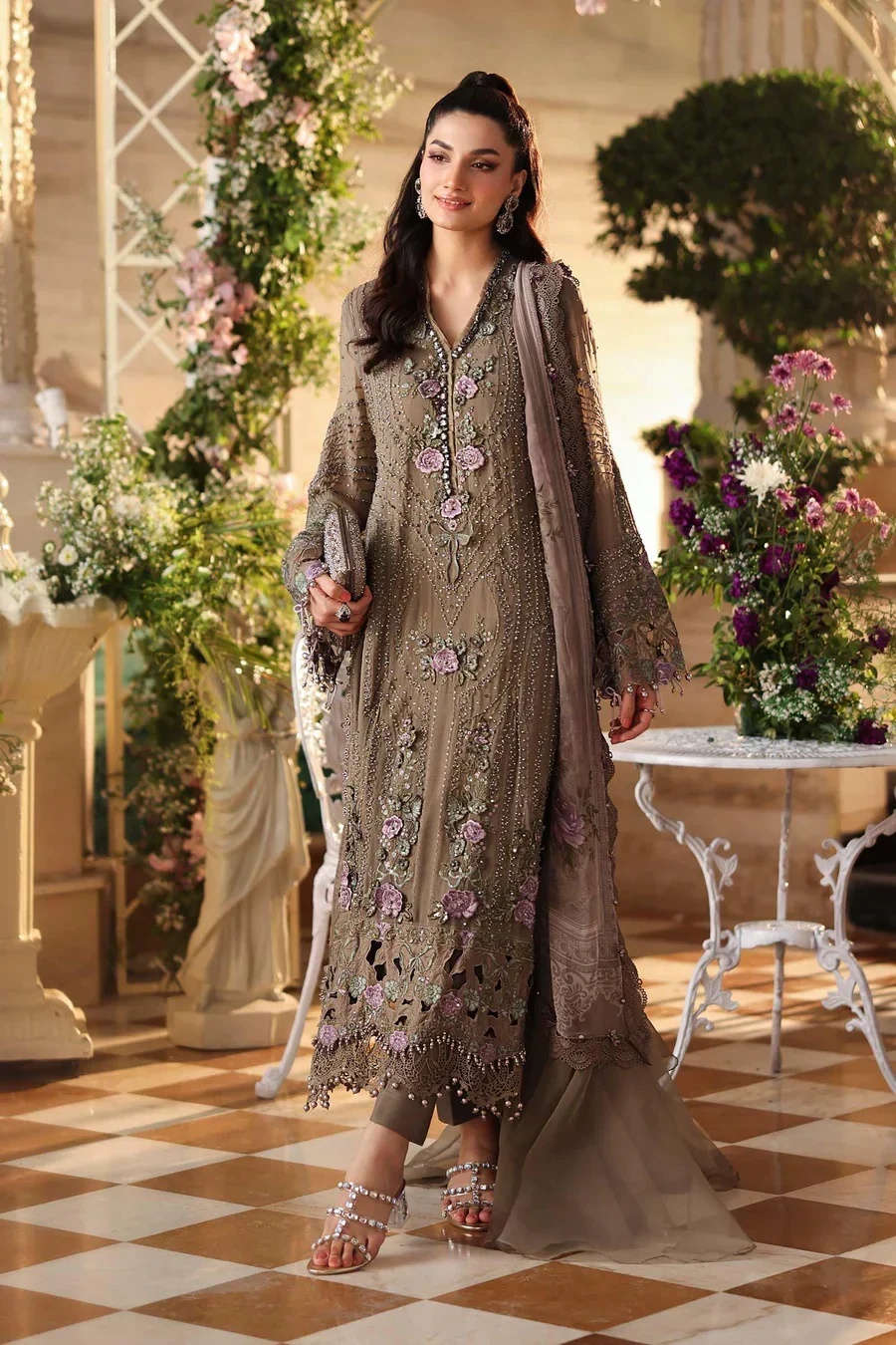 MARIA B Embroidered Chiffon clothing in grey tones.